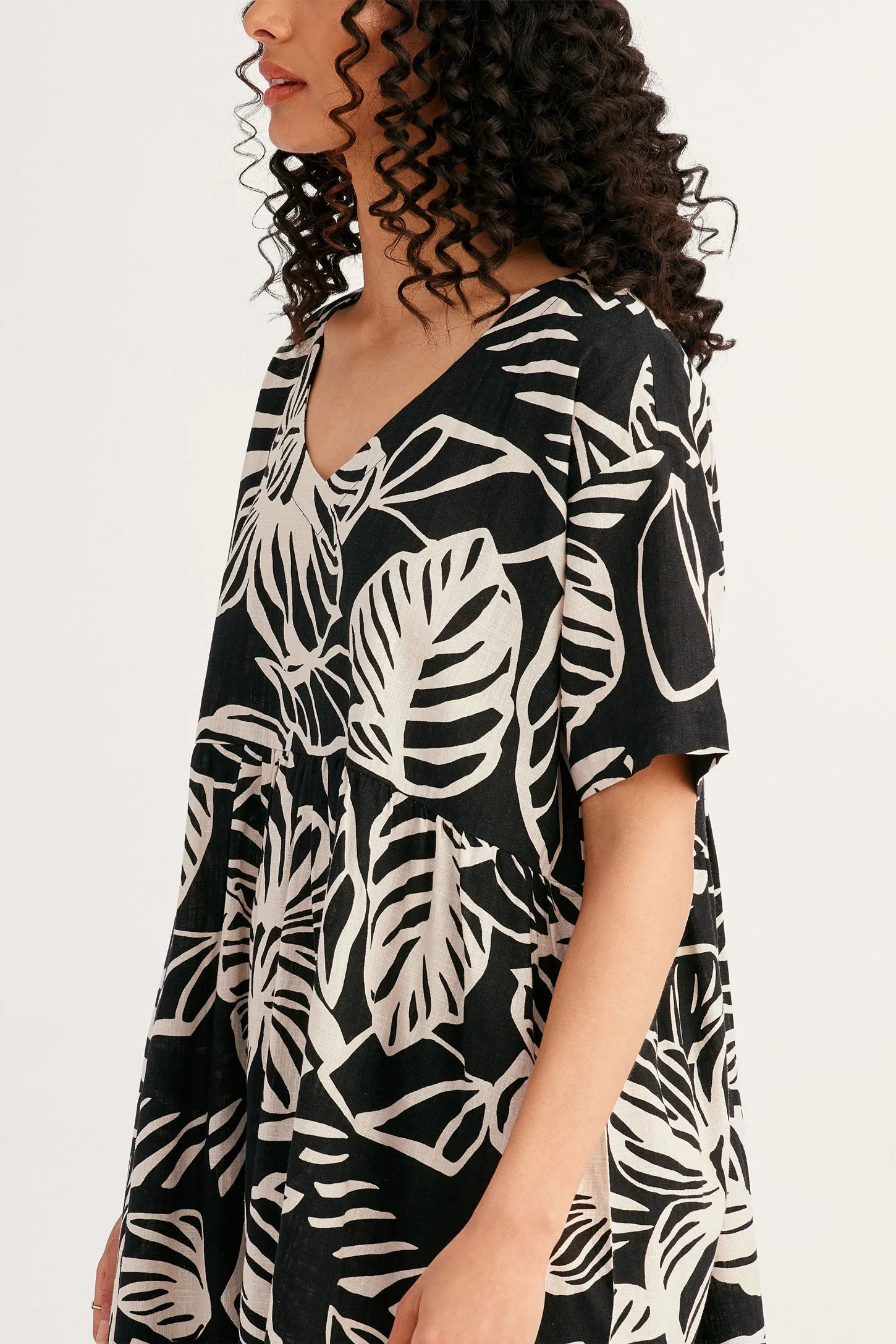 Robe manches courtes imprimée en lin - Femme