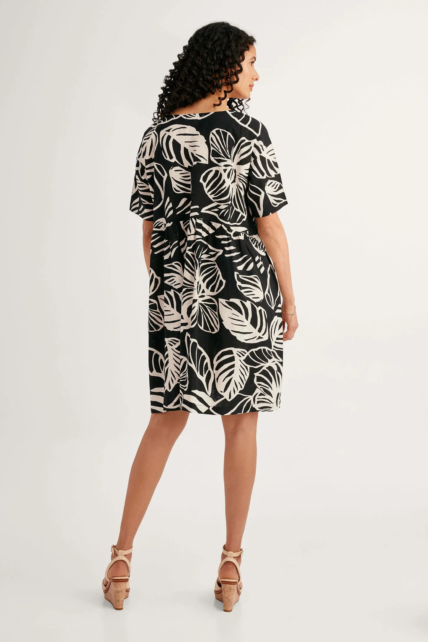 Robe manches courtes imprimée en lin - Femme