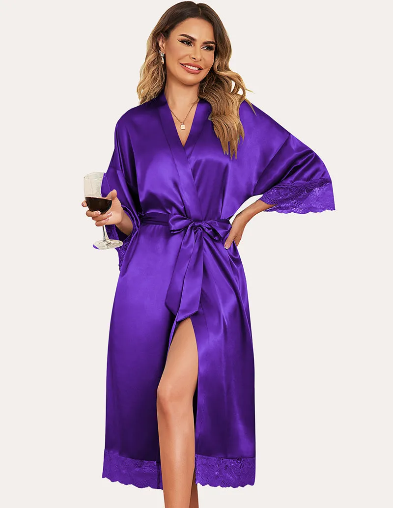Satin Silk Bathrobe with Lace Trim (US Only)