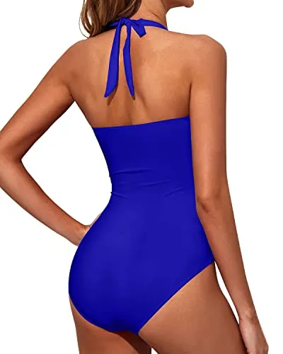 Self-Tie Halter Neck Swimsuits Halter Vintage Swimwear-Royal Blue