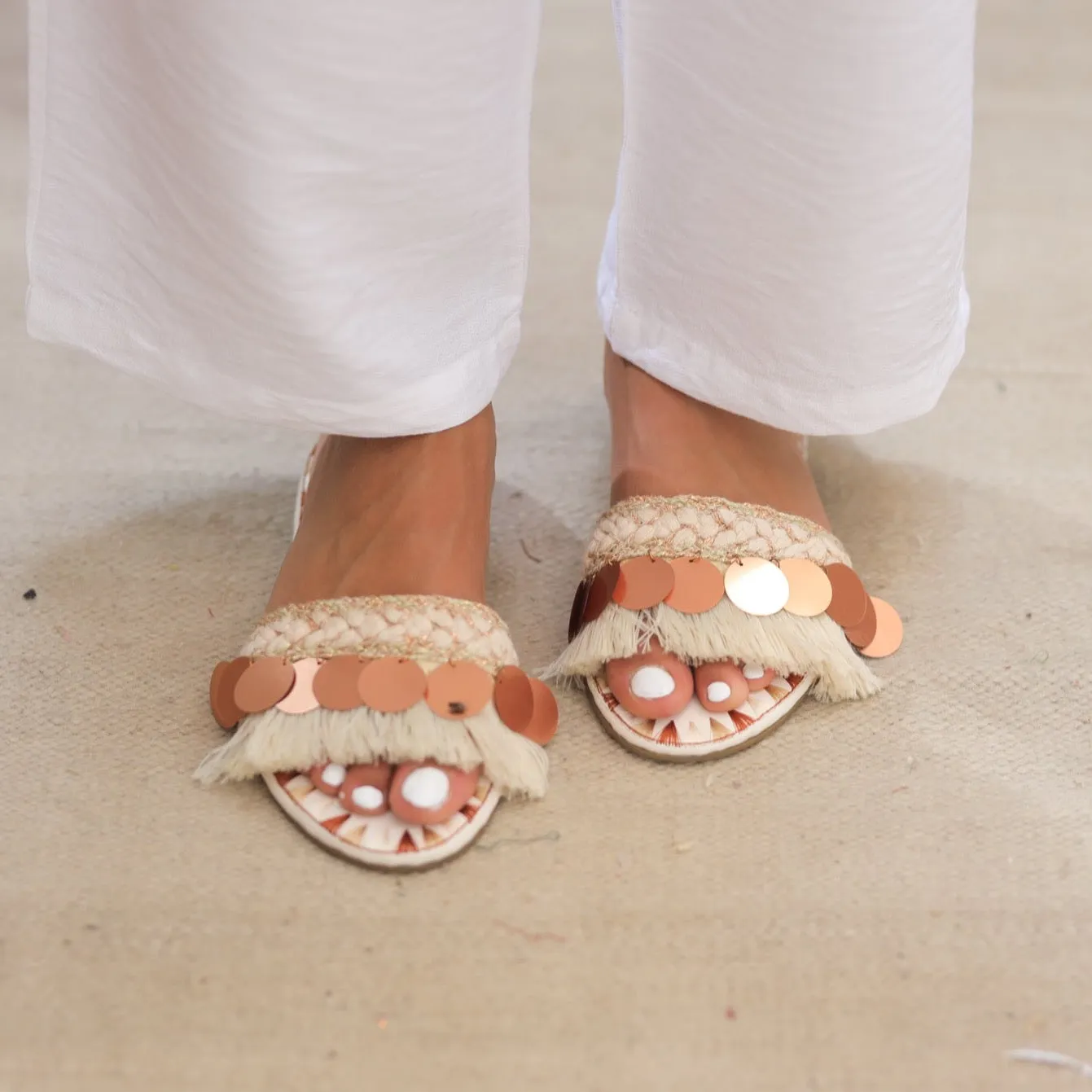 Sequin Fringe Slides - Beige