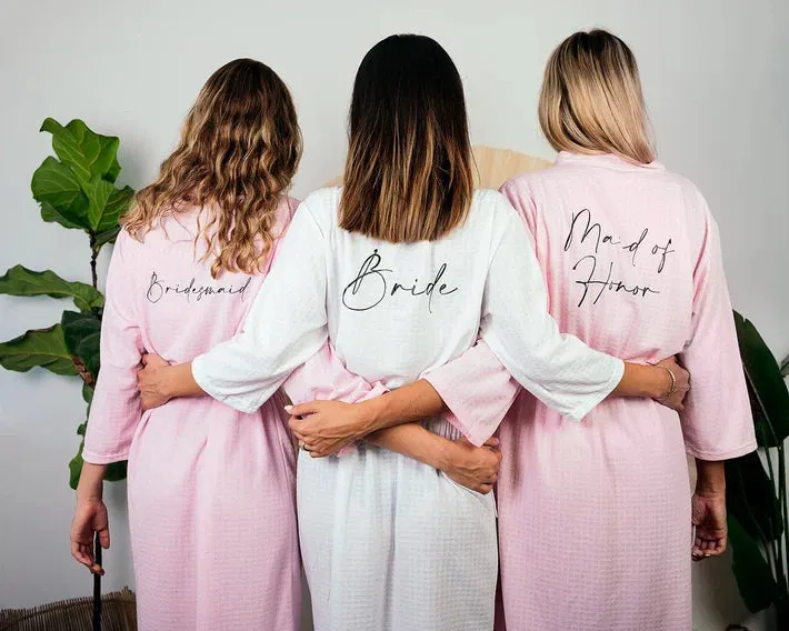 Set of 12 Custom Waffled Knit Wedding Cotton robes for Bachelorette Party - Vinyl Alfresco