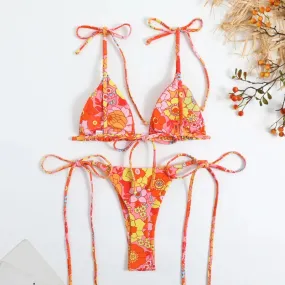 Sexy Flower Print Bikini 3 Women Swimsuit Female Swimwear Thong Bikinis Set Brazilian Halter Beach Wear  Bathing Suit