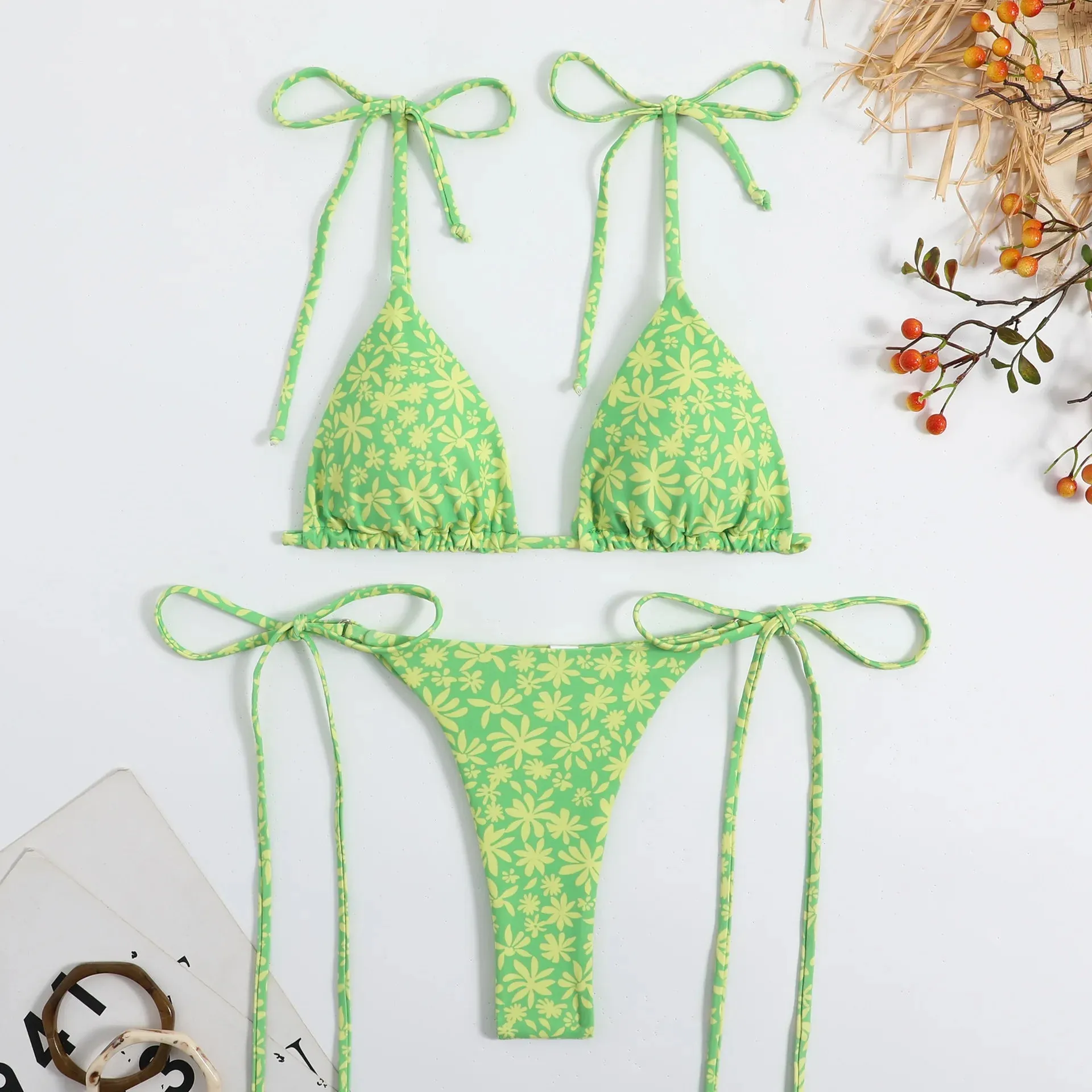 Sexy Flower Print Bikini 3 Women Swimsuit Female Swimwear Thong Bikinis Set Brazilian Halter Beach Wear  Bathing Suit