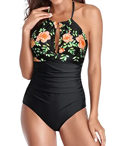 Sexy Halter Ruched Swimwear Black Halter Bathing Suits-Black Pink Flowers
