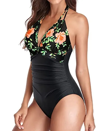 Sexy Halter Ruched Swimwear Black Halter Bathing Suits-Black Pink Flowers