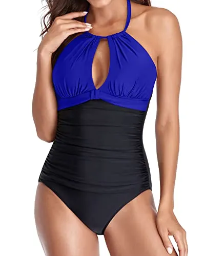 Sexy Plunge Deep V Neck Swimsuits Long Torso 1 Piece Swimwear-Royal Blue And Black