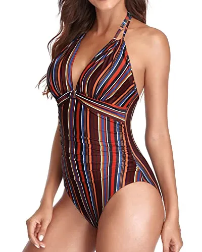 Sexy Plunge Deep V Neck Tummy Control Swimsuits-Brown Striped
