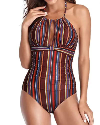 Sexy Plunge Deep V Neck Tummy Control Swimsuits-Brown Striped