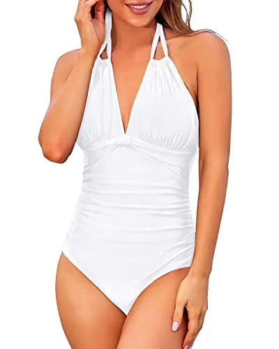 Sexy Ruched Slimming Bathing Suits Backless Swimwear-White