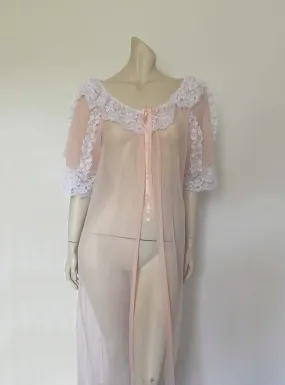 Sheer Pale Pink Peignoir or Negligee With Lacy Puff Sleeves - M
