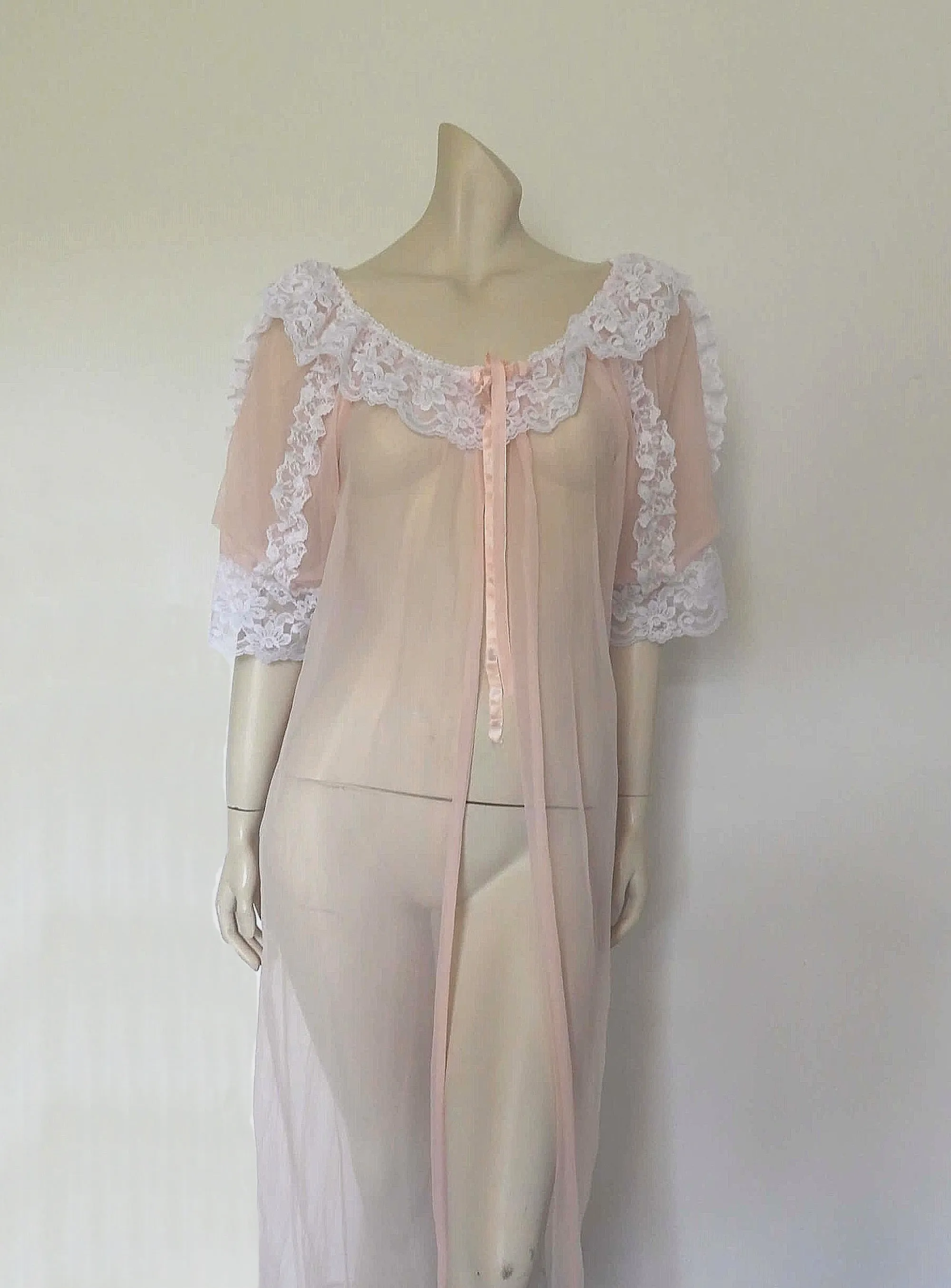 Sheer Pale Pink Peignoir or Negligee With Lacy Puff Sleeves - M