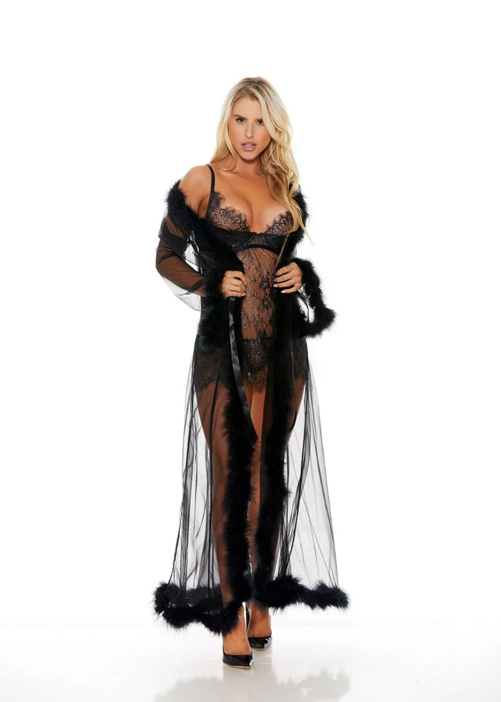 Shirley of Hollywood RS1210  Breathtaking Sheer Nylon Long Robe lavishly trimmed w/Marabou Feathers & ribbon tie front