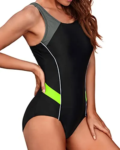 Slimming Crisscross Racerback One Piece Swimsuit-Black Gray Green