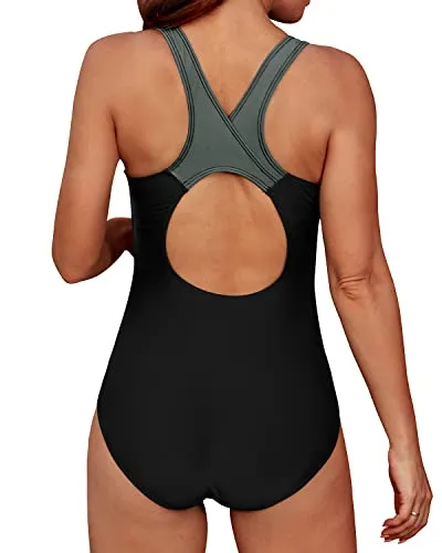 Slimming Crisscross Racerback One Piece Swimsuit-Black Gray Green