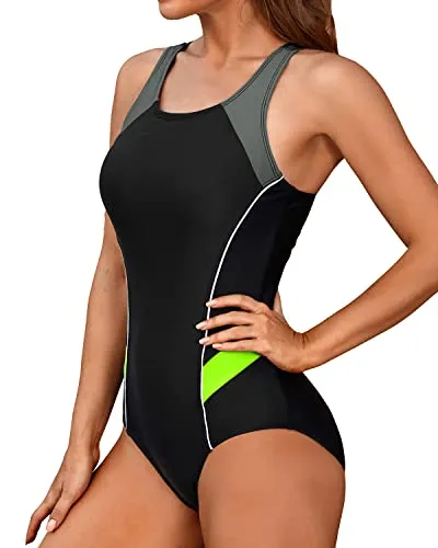 Slimming Crisscross Racerback One Piece Swimsuit-Black Gray Green