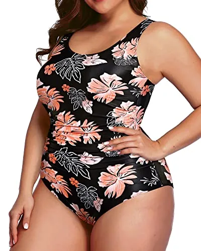 Slimming Plus Size Tummy Control One Piece Swimsuit-Black Orange Floral