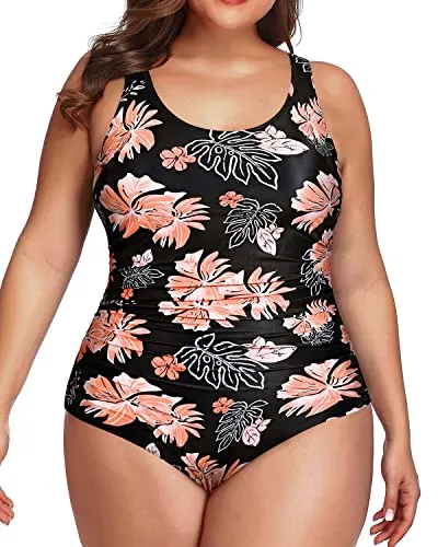 Slimming Plus Size Tummy Control One Piece Swimsuit-Black Orange Floral