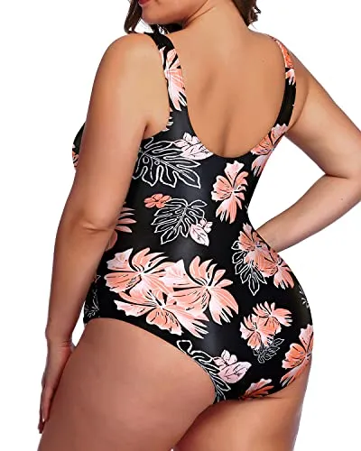 Slimming Plus Size Tummy Control One Piece Swimsuit-Black Orange Floral