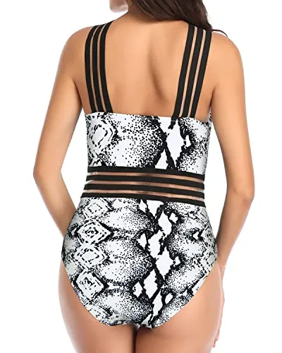 Slimming Silhouette One Piece Tummy Control Bathing Suit-Black And White Snake Print