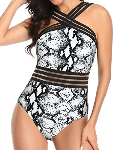Slimming Silhouette One Piece Tummy Control Bathing Suit-Black And White Snake Print