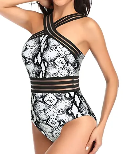 Slimming Silhouette One Piece Tummy Control Bathing Suit-Black And White Snake Print