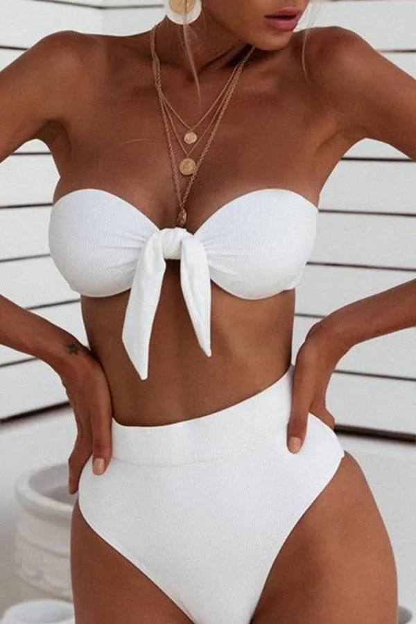 Solid Color Sweet Bow High Waisted Bikini