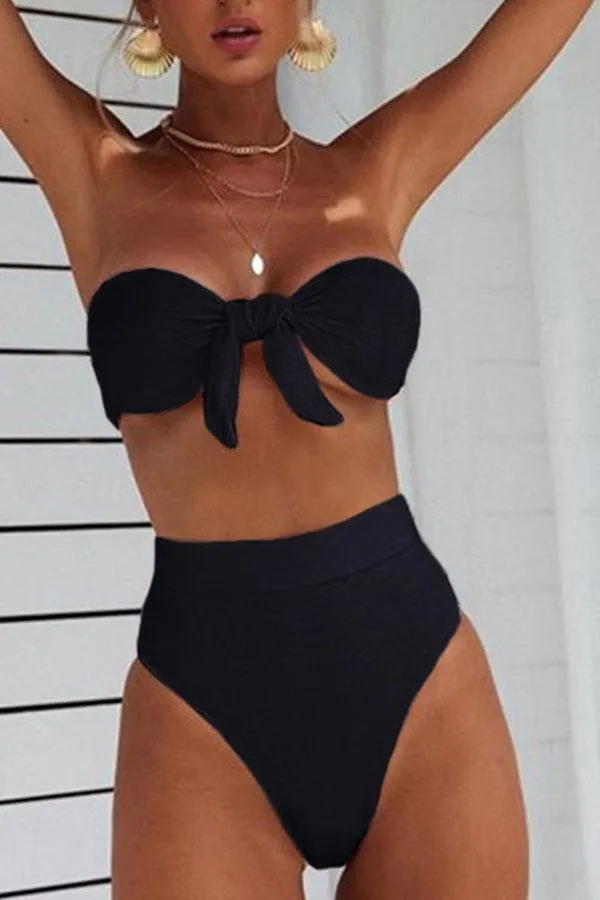 Solid Color Sweet Bow High Waisted Bikini