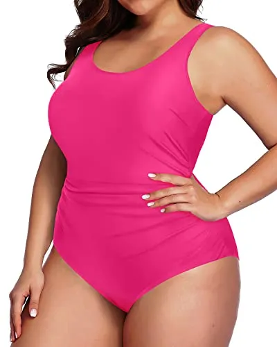 Sporty Scoop Neck Plus Size One Piece Swimsuit-Neon Pink