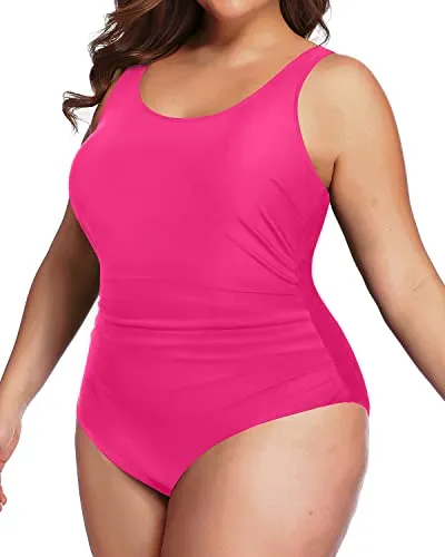 Sporty Scoop Neck Plus Size One Piece Swimsuit-Neon Pink