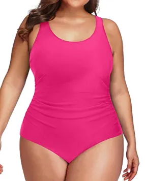 Sporty Scoop Neck Plus Size One Piece Swimsuit-Neon Pink