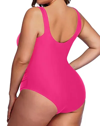 Sporty Scoop Neck Plus Size One Piece Swimsuit-Neon Pink