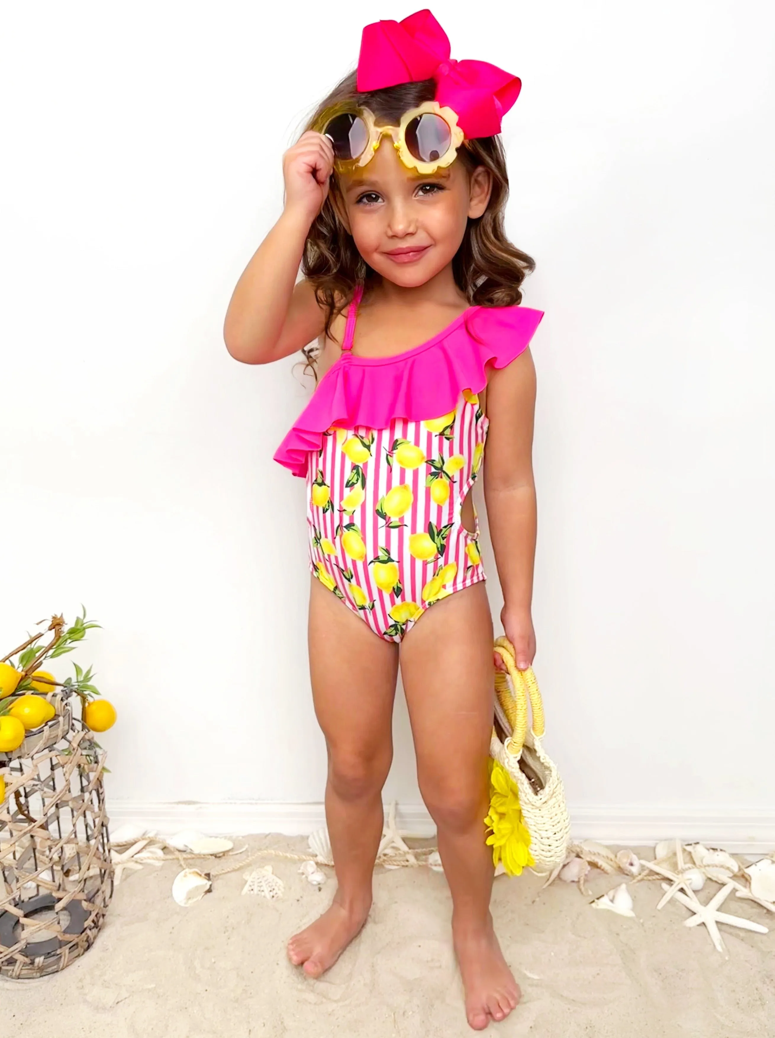 Squeeze The Day Lemon Print Striped Swimsuit Set