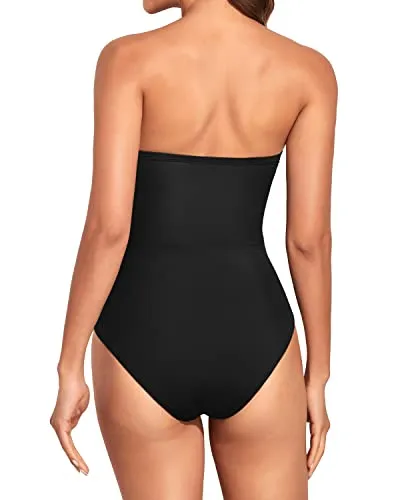 Strapless Bandeau Bathing Suits For Women With Tummy Control-Black