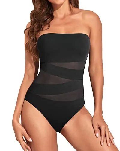 Strapless Bandeau Bathing Suits For Women With Tummy Control-Black