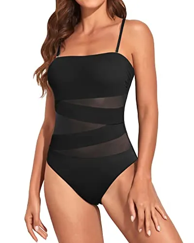 Strapless Bandeau Bathing Suits For Women With Tummy Control-Black