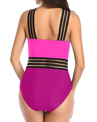 Stretch Striped Bands One Piece Front Crossover Swimwear-Phosphor And Dark Pink