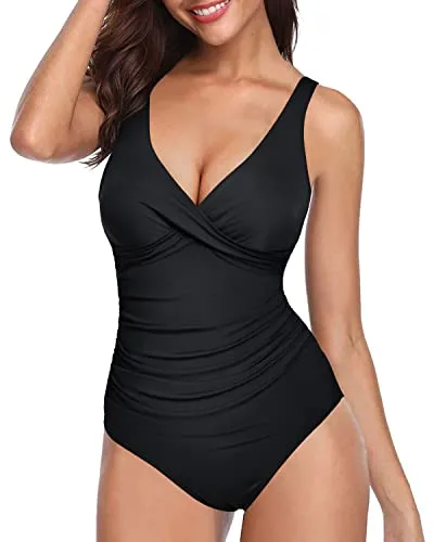 Tummy Control Push Up One Piece Swimsuit For Women-Black