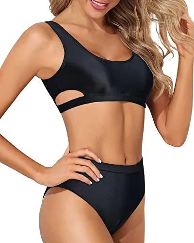 Two Piece High Waisted Bikini Set For Women Sport Swimsuit High Cut Bathing Suit-Black