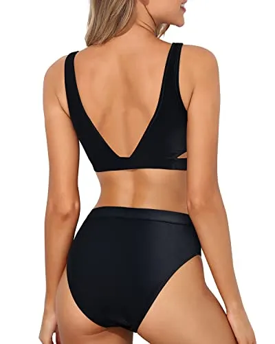 Two Piece High Waisted Bikini Set For Women Sport Swimsuit High Cut Bathing Suit-Black