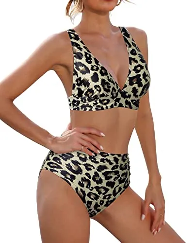 Two-Piece V Neck Swimsuit High Waisted Bikini Tummy Control Bathing Suit-Leopard