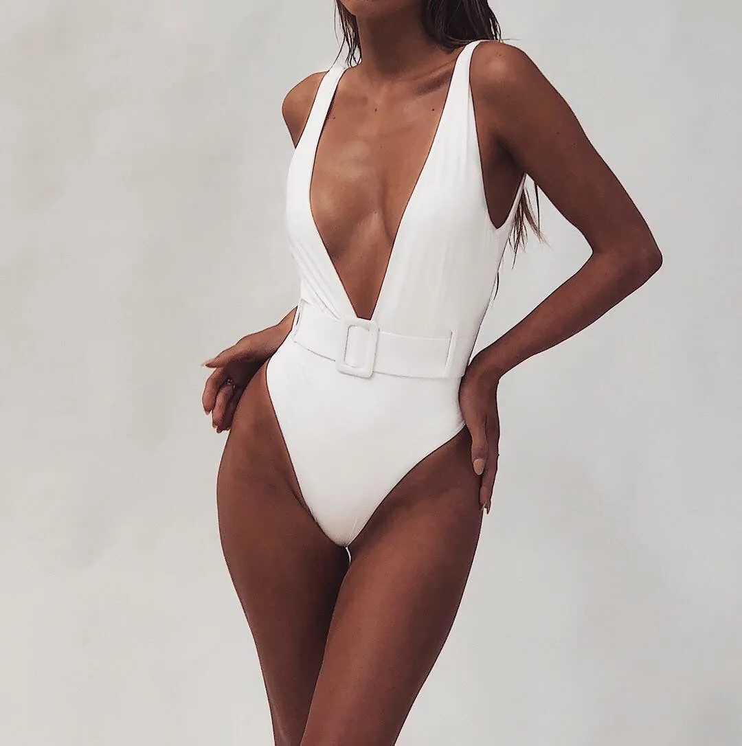 V Neck Belt High Cut Low Back Swimsuits