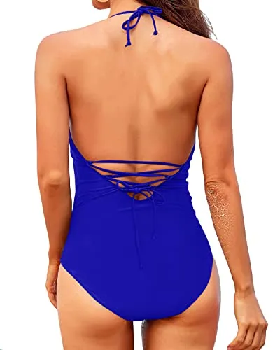 V Neck Halter One Piece Swimsuit For Women Tummy Control Bathing Suits-Royal Blue