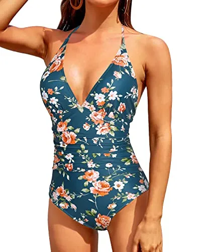 V Neck Halter One Piece Swimsuit For Women Tummy Control Swimwear-Blue Green Flowers