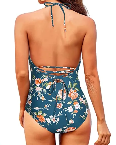 V Neck Halter One Piece Swimsuit For Women Tummy Control Swimwear-Blue Green Flowers