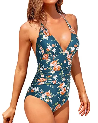 V Neck Halter One Piece Swimsuit For Women Tummy Control Swimwear-Blue Green Flowers