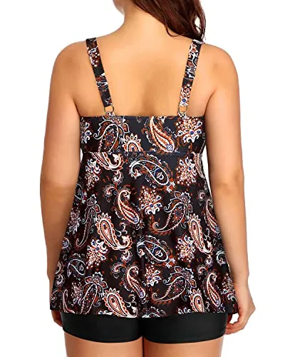 V Neck Plus Size Tankini Swimsuits Women Flowy Bathing Suits Shorts-Black Tribal