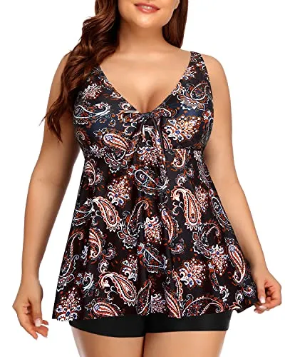 V Neck Plus Size Tankini Swimsuits Women Flowy Bathing Suits Shorts-Black Tribal