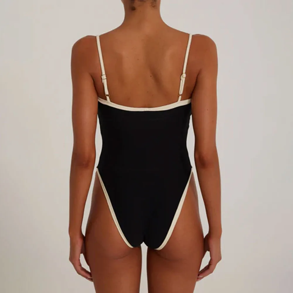 Vintage Contrast Trim High Leg Cheeky Cami Brazilian One Piece Swimsuit