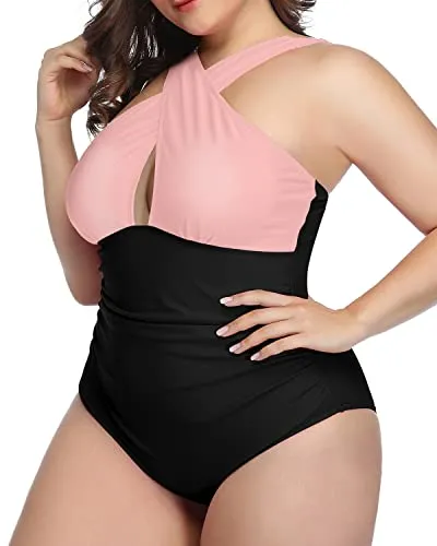 Vintage Keyhole Tummy Control One Piece Bathing Suits-Pink And Black